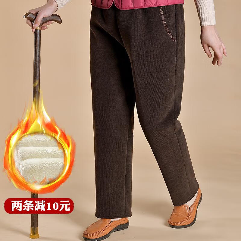 老年人加绒裤子妈妈灯芯绒棉裤冬季外穿老年女裤冬季老太太奶奶裤 咖啡-加绒冬款 5XL 推|荐150-165斤 京东折扣/优惠券