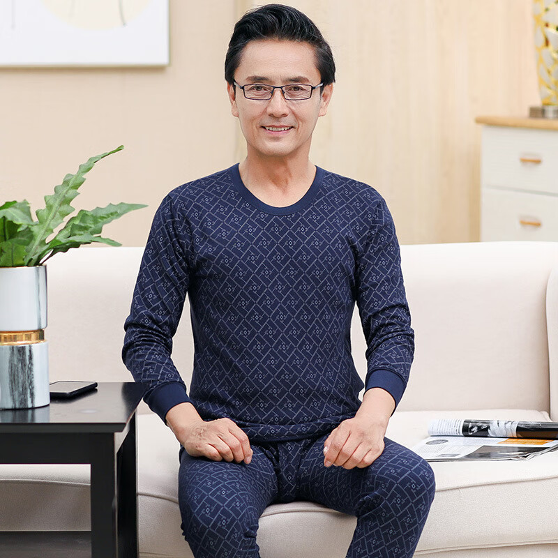 雋燕飛老人純棉秋衣秋褲套裝男士薄款長袖中老年棉毛衫保暖內(nèi)衣 低領(lǐng)282藏青印花 M /90