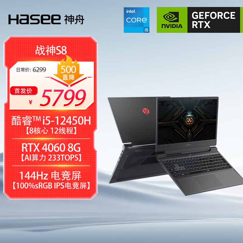 神舟（HASEE）战神S8 12代酷睿i5 15.6英寸游戏本笔记本电脑(i5-12450H 16G 512G RTX4060 144Hz 100%)