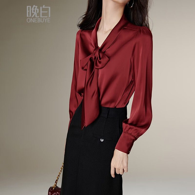 晚白【新品】2026春款通勤职业系带蝴蝶结衬衫骐骥红百搭衬衣上衣女 暗红色 L