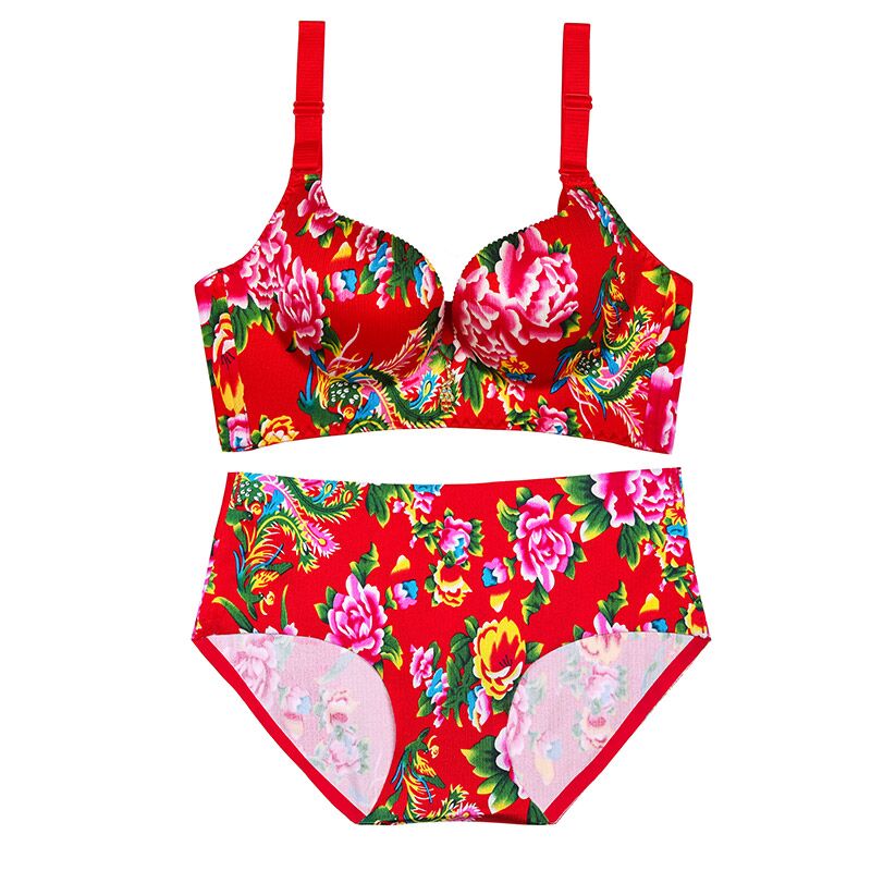 橦舟渡东北大花内衣 花胸罩龙凤无痕无钢圈内衣内裤聚融文胸套装 红凤