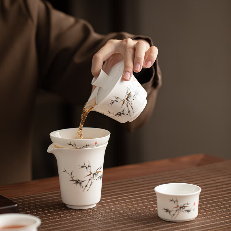 苏氏陶瓷羊脂玉瓷竹韵茶具套装三才盖碗泡茶壶功夫茶杯大套装礼盒平价茶具