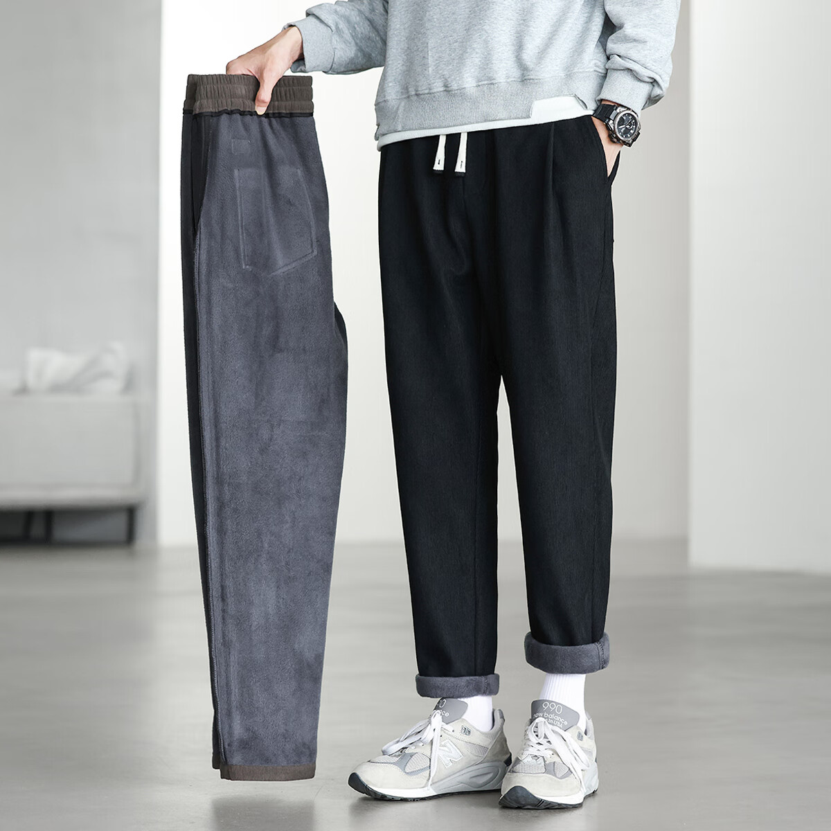 布衣传说加绒加厚重磅灯芯绒休闲裤男松紧腰抽绳柔软保暖运动小锥裤子 黑色 L