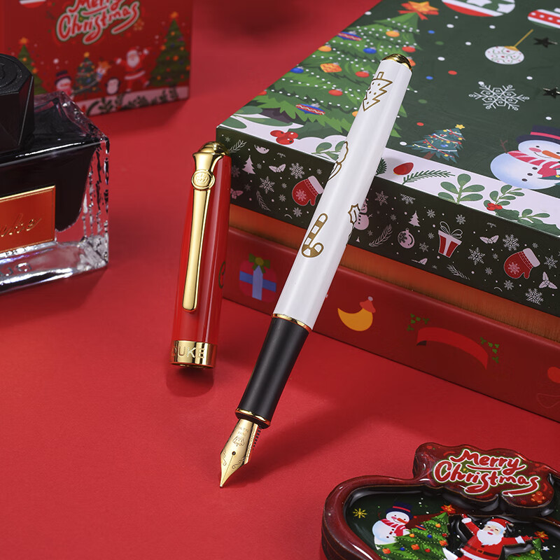 DUKE公爵圣诞节系列套装5红色气氛款铱金笔钢笔墨水笔自用书写送人自用书写顺滑可用墨囊 圣诞冰箱贴套装（红色钢笔）