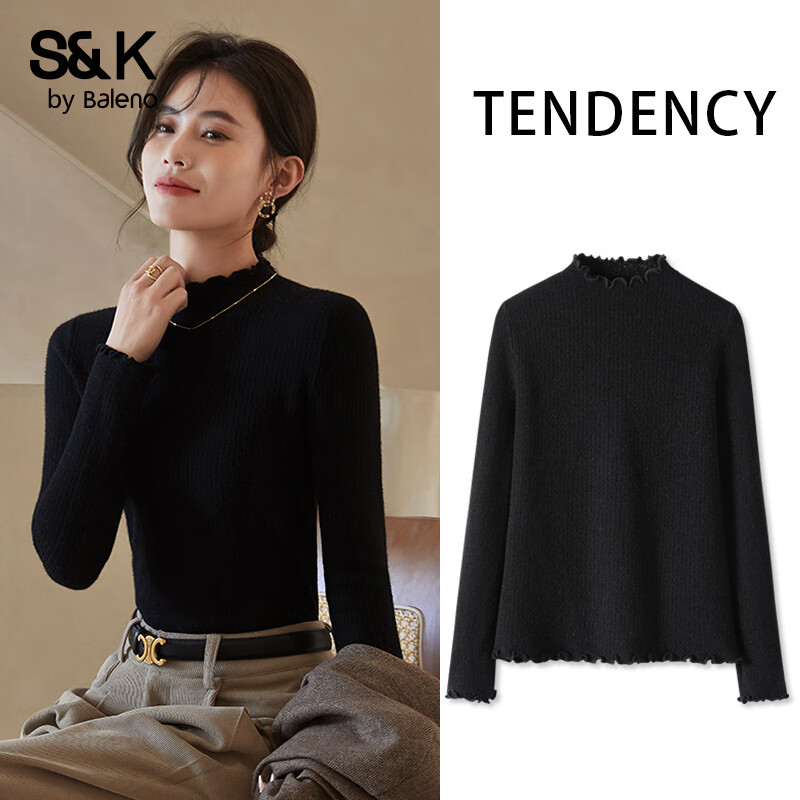 班尼路（Baleno）S&amp;K系列毛衣女装加厚保暖半高领针织衫内搭秋装新款木耳边上衣服 黑#纯色 【木耳边一体绒毛衫】 L
