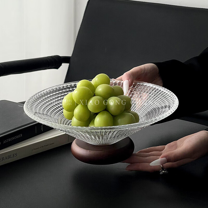 WCZ德国水果盘高档轻奢玻璃客厅高级茶几干果盘家用前台糖果盘子坚果 黑脚-格纹水果盘【2只装】