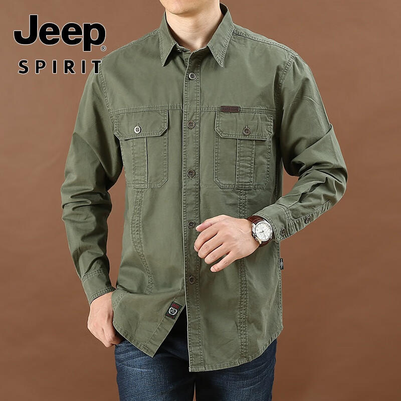 吉普(JEEP)男士休闲宽松长袖衬衫25春秋新款大码棉纯色中青年衬衣 1388军绿色 175/L