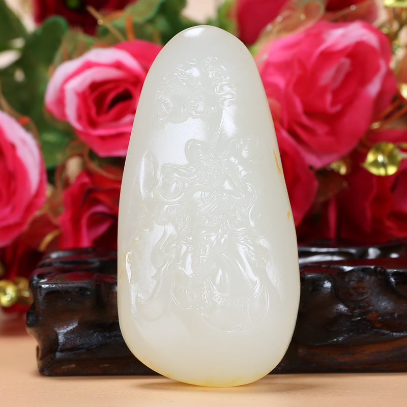 【珠宝严选】苏州玉雕名家王海峰作品 和田玉籽料白玉关公吊坠玉坠