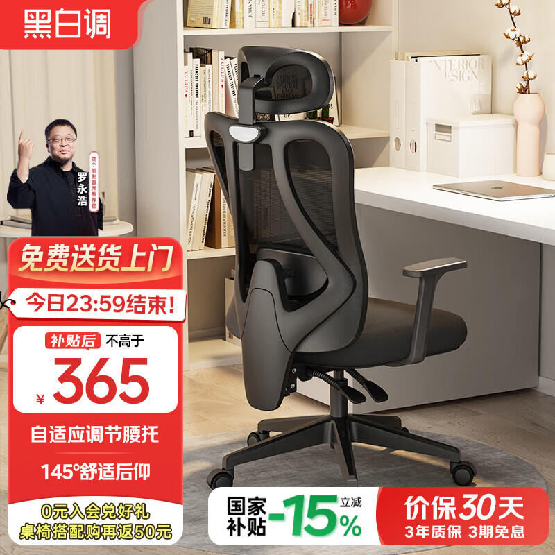 黑白调P1人体工学椅电脑椅办公椅子人工力学座椅久坐电竞椅学习椅家用 P1-标准【固定扶手+145°后仰】