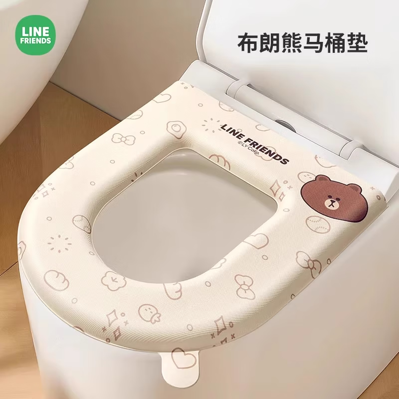 Creative art马桶圈马桶垫子保暖秋冬季加绒防水坐便垫套粘贴式拉链款四季通用 【联名新款】白色布朗熊1个