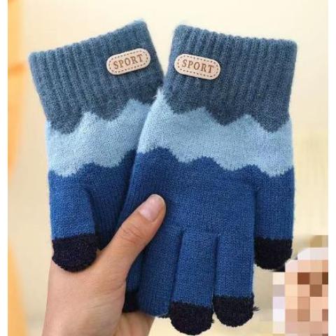 朋意儿童手套冬天加绒保暖男童五指分指毛绒宝宝秋冬季上学写字 儿童五指手套-蓝色-1双 无规格