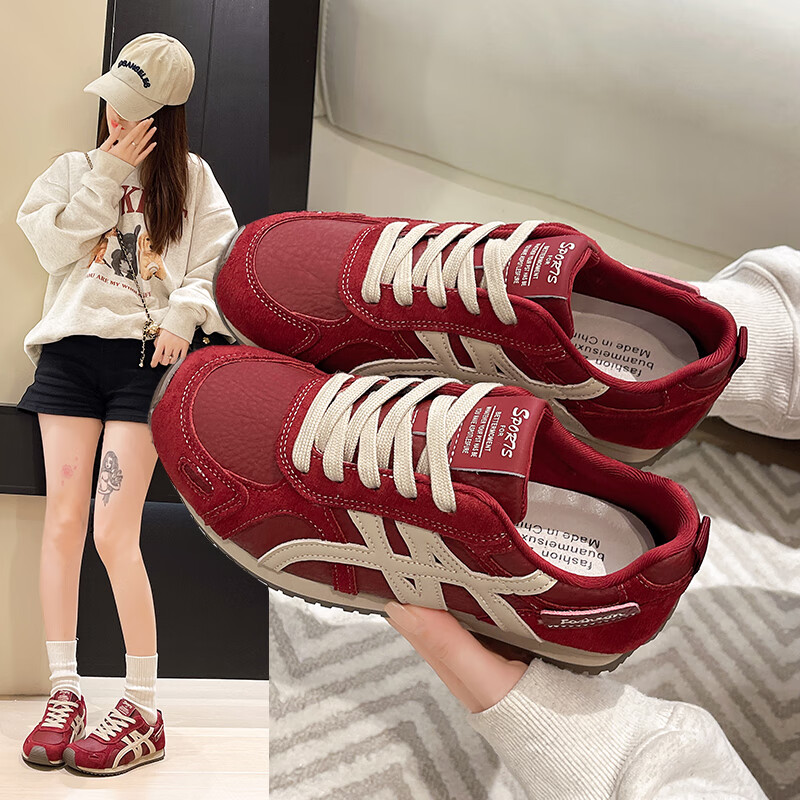 云醍桃语断码复古老爹鞋女新款厚底休闲运动鞋增高鞋板鞋小白鞋德训鞋 红色 37
