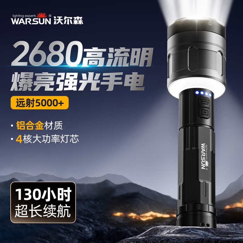 沃尔森灯塔强光手电筒变焦远射野外穿天炮激光超亮充电便携户外照明应急