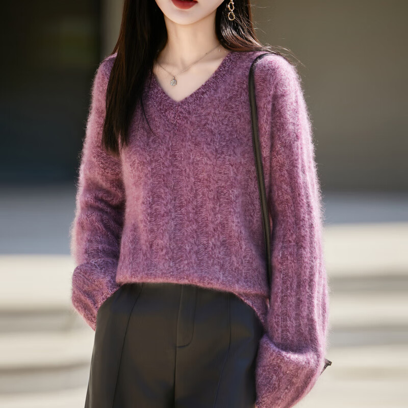 NYIG秋冬短款V领套头毛衣内搭女宽松针织纯色绒打底衫百搭上衣长袖 紫色原版 M