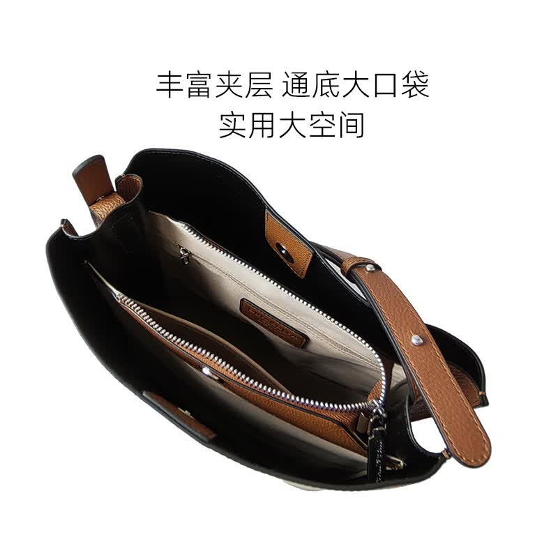 迪娜迪亚真皮女包2026新款女士轻奢实用生日礼物牛皮单肩包大容量水桶包 棕色加大款