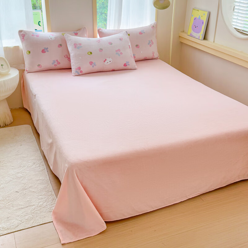 伊路卡新款牛奶绒四件套秋冬季保暖珊瑚绒床上用品儿童被套床单 草莓猫咪 2米床 四件套 床单款 （被套220*240cm）