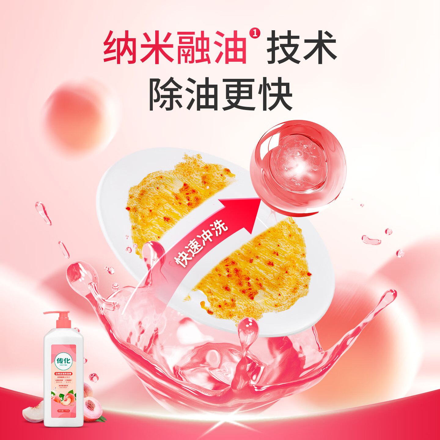 传化白桃洗洁精西柚两瓶组合装食品用祛腥果蔬净家庭用1kg 两瓶装