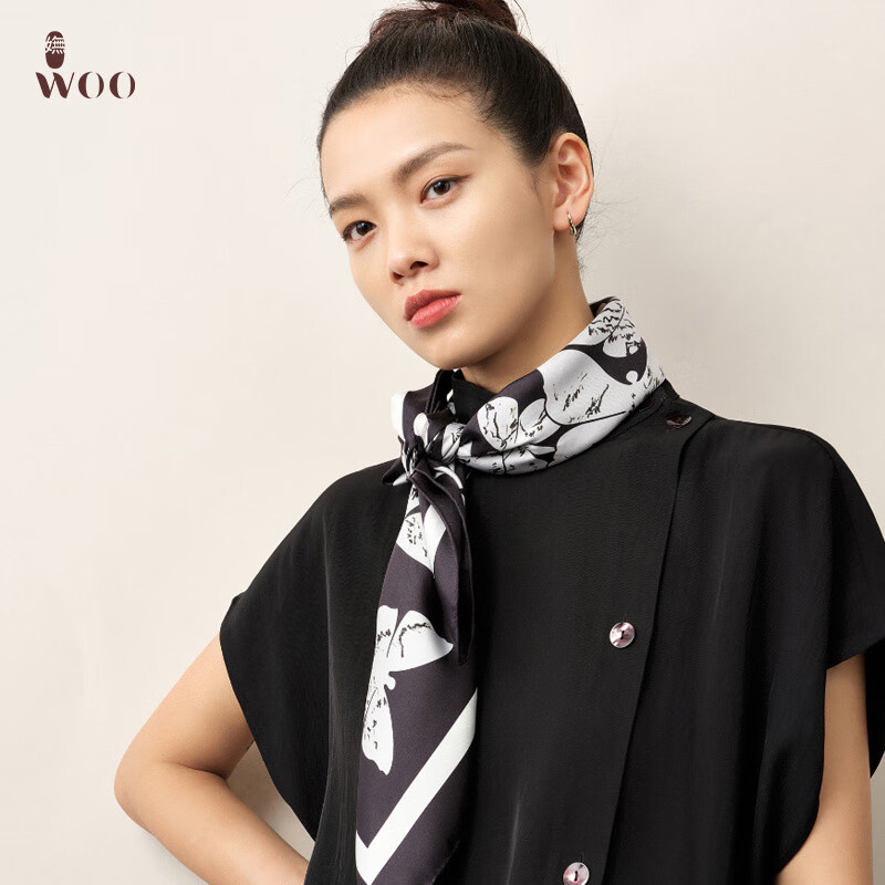 WOO 起舞 女士春夏桑蠶絲真絲方巾絲巾女圍巾女披肩圍脖百搭 黑色