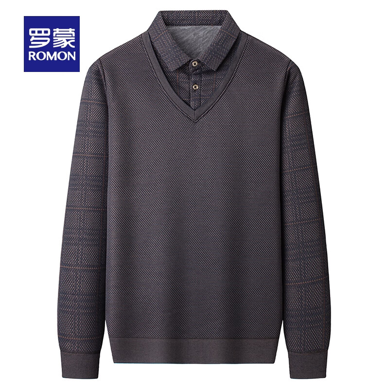 罗蒙（ROMON）加绒加厚含羊毛假两件针织衫男士冬季中青年保暖毛衣针织打底衫 7Z499181上青 【含羊毛】 XL (175)