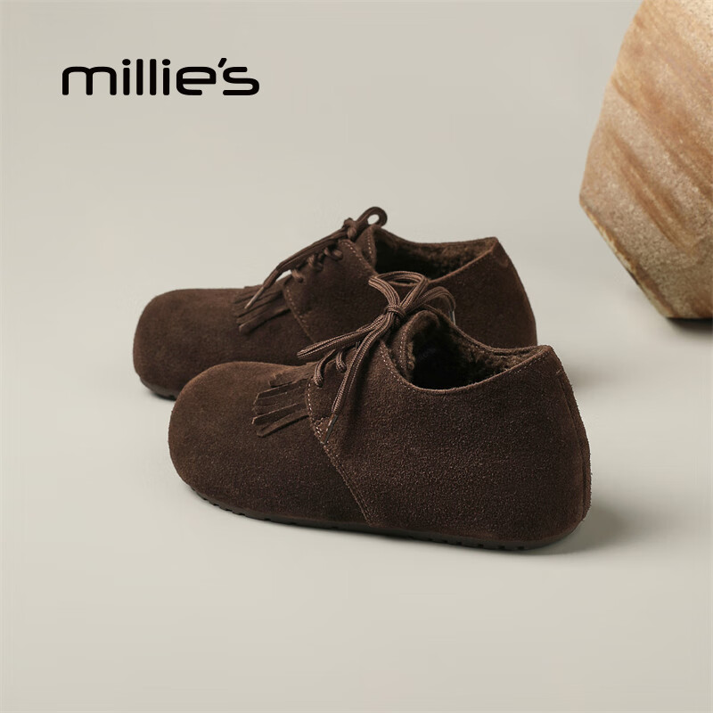 妙丽勃肯鞋女平底加绒复古乐福鞋保暖潮流2025冬季新款百搭通勤单鞋 咖色 35 (225mm) 标准码