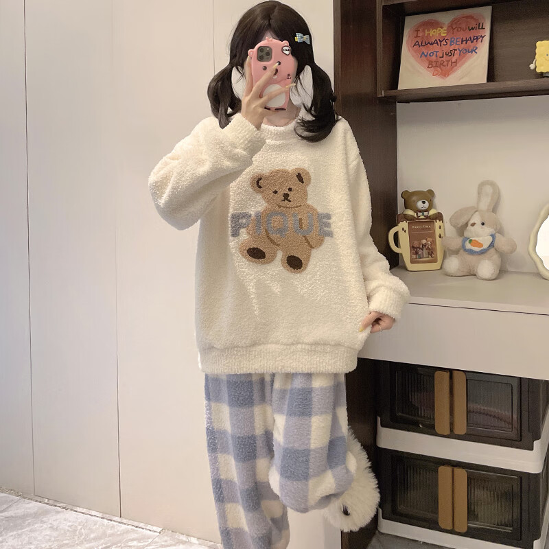 都市丽人半边绒女士睡衣女秋冬季2025新款加绒加厚家居服套装女睡衣可外穿 格子小熊 XL  （建议120-140斤）