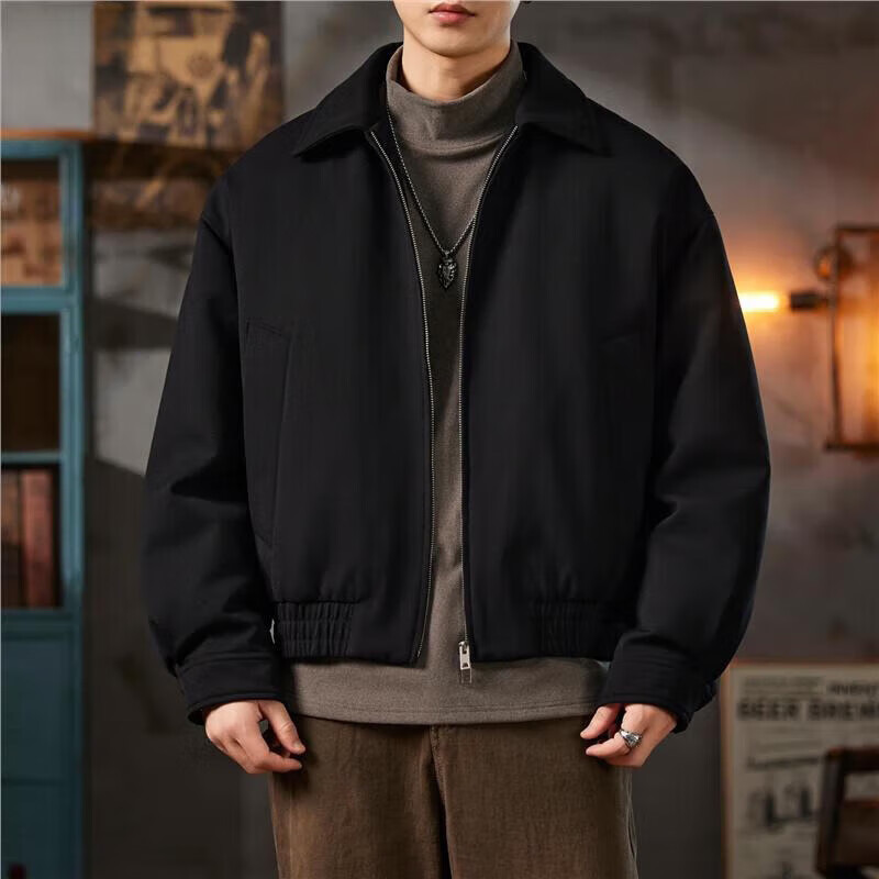 邦约恋人2025冬季新款翻领休闲羽绒服夹克外套男士感短款宽松休闲上衣 黑色 GY7313 2XL 建议体重 166-180斤