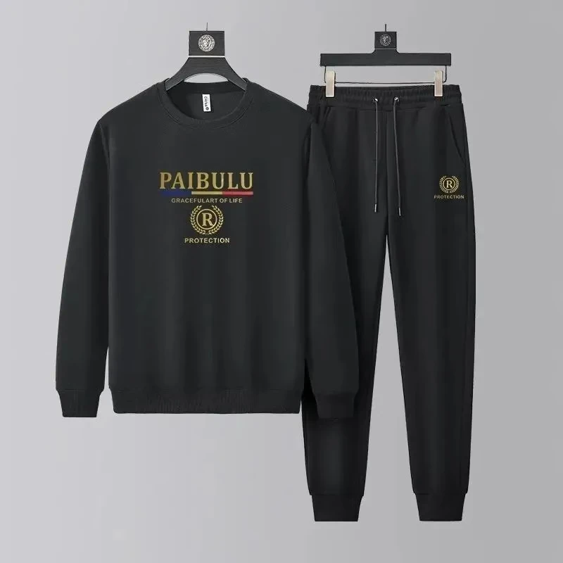【2025新款】字母卫衣套装爆款春秋季休闲男士新款潮流圆领长袖G 黑色套装 XL （建议130-145斤）