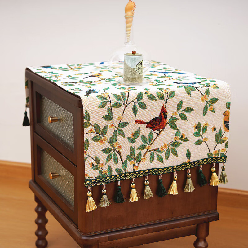 鹿婕法式复古风枝头鹦鹉桌布棉麻高级拍照氛围感床头柜保护垫防尘垫 枝头鹦鹉 四周绿色坠子【请勿机洗】 120*120cm