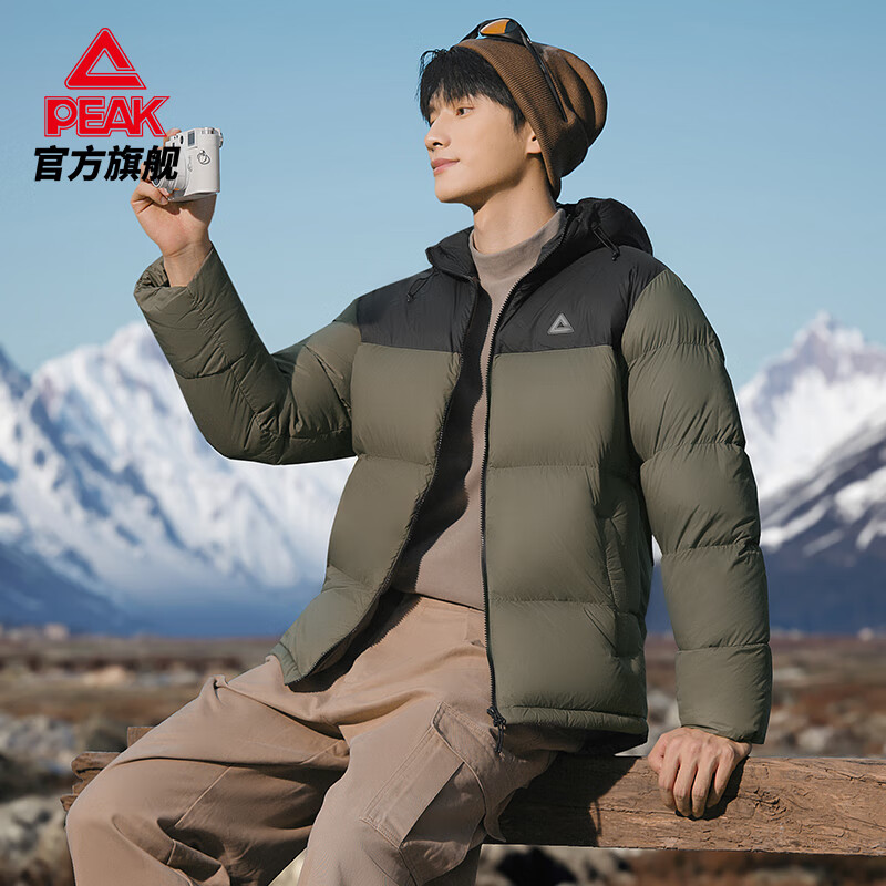 匹克（PEAK）驭雪超轻羽绒服丨冬季新款男短款连帽保暖棉服休闲鸭绒外套女 暗苔绿【男款】 3XL
