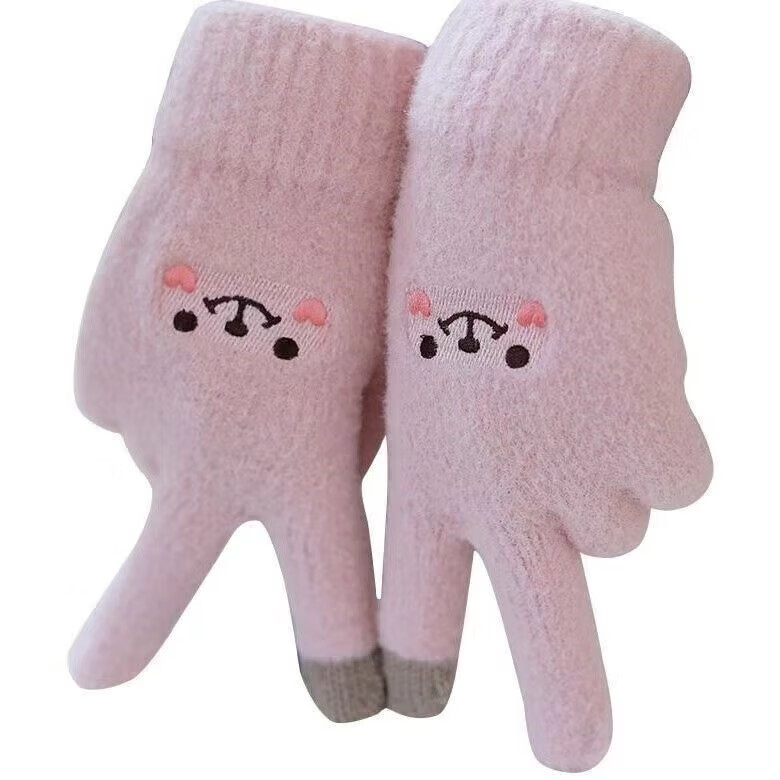 洋臣手套女秋冬季新款加厚保暖可爱学生骑车开车防寒毛线触屏手套 厚款触屏手套1双【颜色随机】