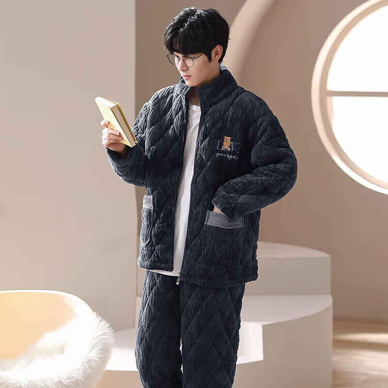 芬腾【清仓】情侣珊瑚绒夹棉睡衣女士冬季三层加厚男抗静电家居服套装 FX25950388藏兰【单男款】 XL 建议:女124-142,男146-165斤