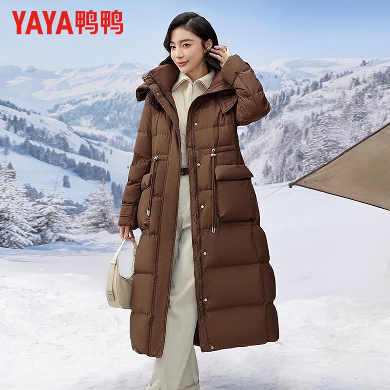 鸭鸭（YAYA）羽绒服女长款过膝纯色设计感韩版时尚连帽冬季新款外套 白色 M
