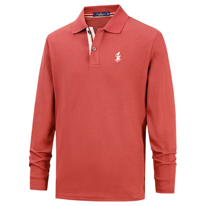 POLOGWON保罗【商务休闲】男士长袖t恤翻领纯色宽松大码秋季款上衣打底衫 红色 4XL （建议200-220斤）