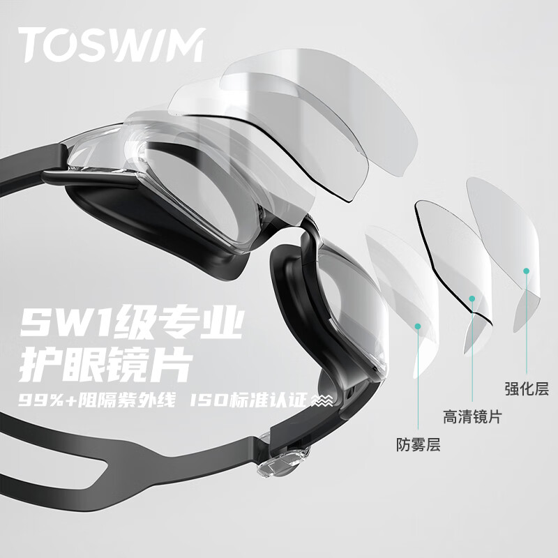 TOSWIM拓胜大框泳镜男女士通用防水防雾游泳眼镜套装近视左右眼不同度数 【无镀膜乌贼岛屿】高透防水舒适