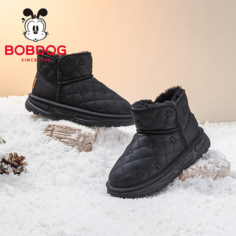 巴布豆（BOBDOG）童鞋男童2025冬季短筒靴子加绒保暖二棉鞋女休闲舒适儿童雪地靴 黑色 30 适合脚长17.5cm