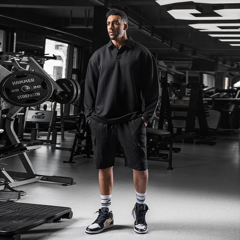 BD.POWER UP+秋季肌理感polo翻领长袖卫衣男健身大码运动简约宽松打底衫上衣 米色 L 75-85kg