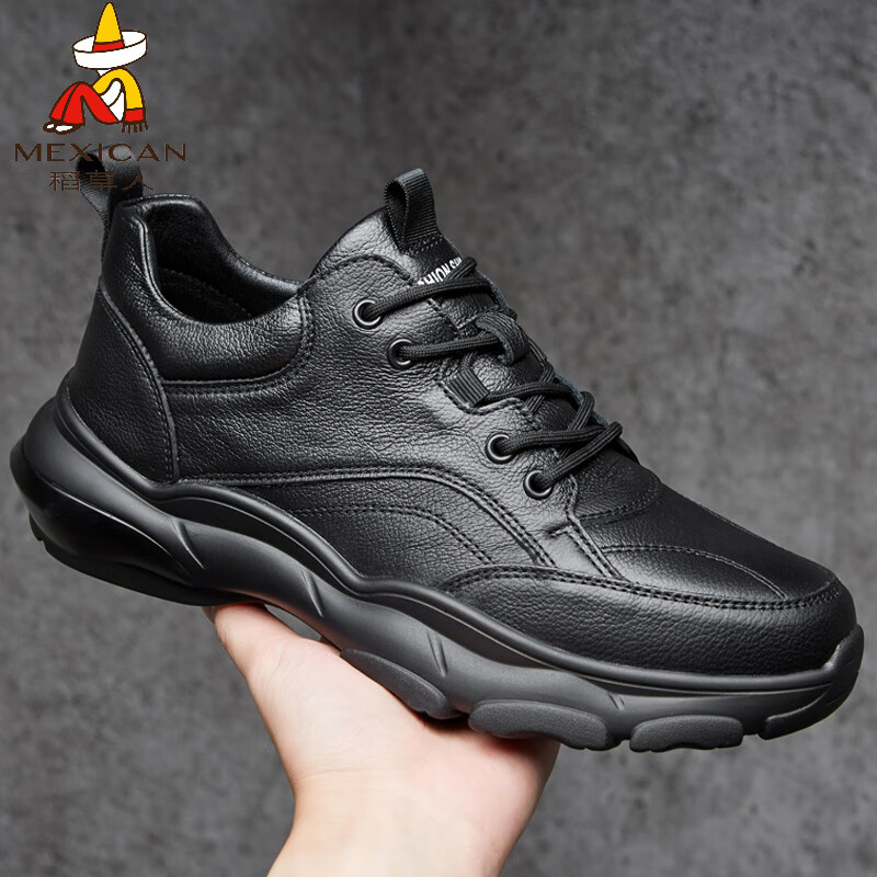 稻草人（MEXICAN）品牌男牛皮鞋黑色皮面防水运动鞋真皮厚底老爹鞋新品新款休闲男鞋 黑色 44