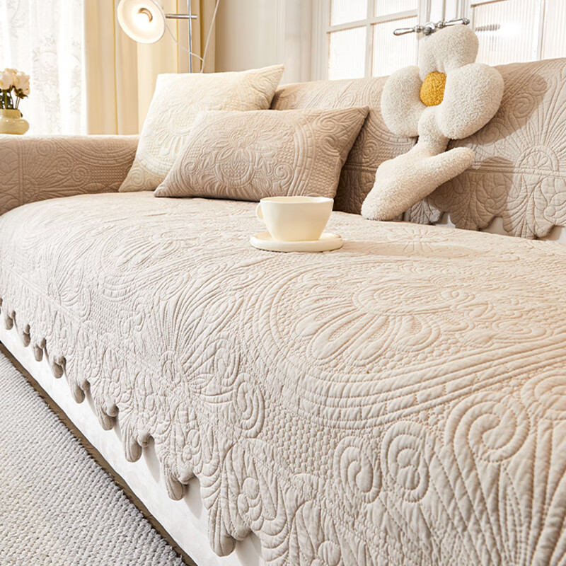 无印良品沙发垫纯棉加厚沙发座垫固定防滑全棉坐垫沙发套罩四季通用 花开-富贵米色【100%纯棉 环保亲肤不致敏】 90*70cm【可做加长扶手/靠背】