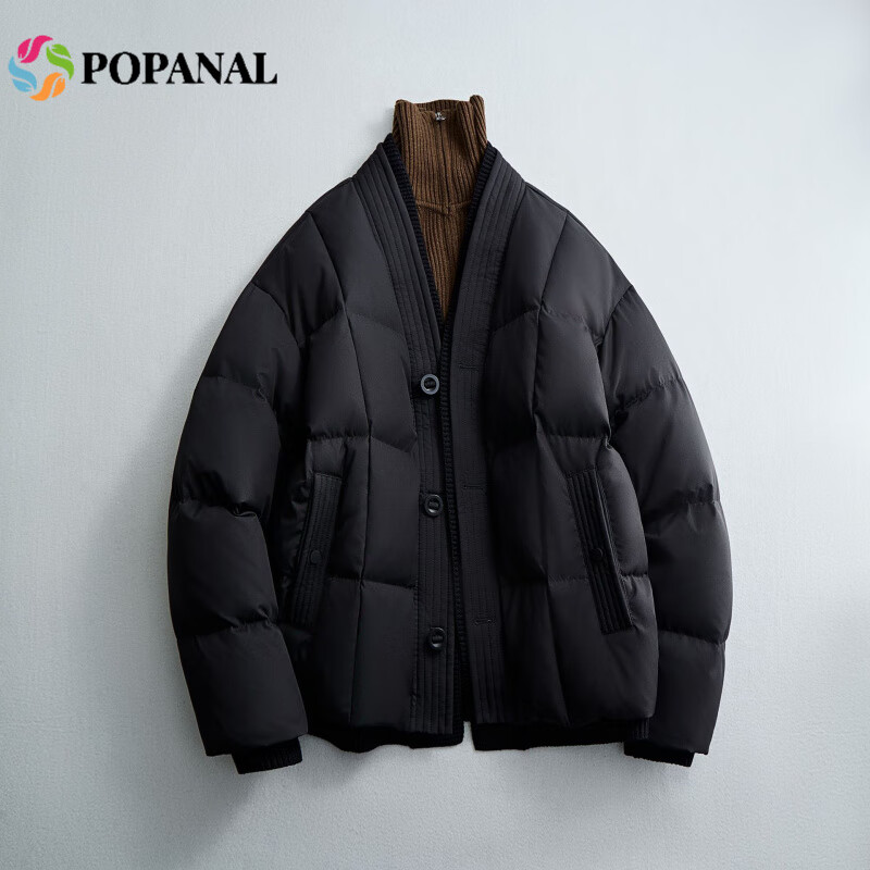 POPANAL香港潮牌2025冬季新款男士格子压线高品质V领单排扣羽绒服外套潮 黑色 M