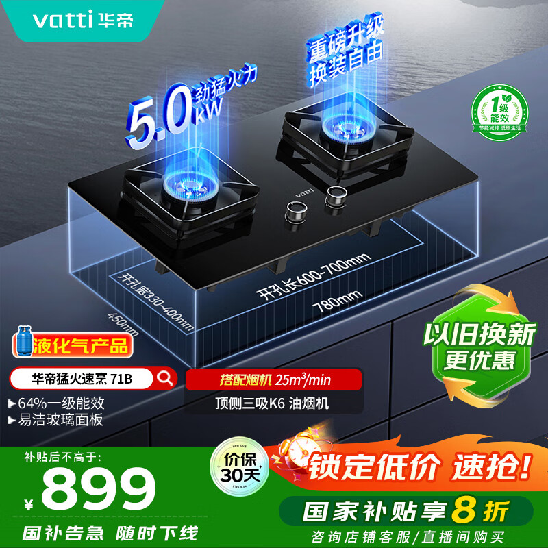 华帝（VATTI）国家补贴20%燃气灶煤气灶台式嵌入式5.0kW猛火熄火保护一级能效双灶台灶具i10071B【液化气商品