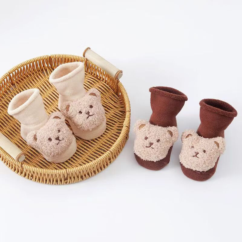彩虹房子婴儿袜秋冬季宝宝袜儿童毛圈加绒保暖防滑地板鞋套公仔周岁袜 毛圈熊-咖色【一双装】 S码（0-1岁）脚长8-10cm内