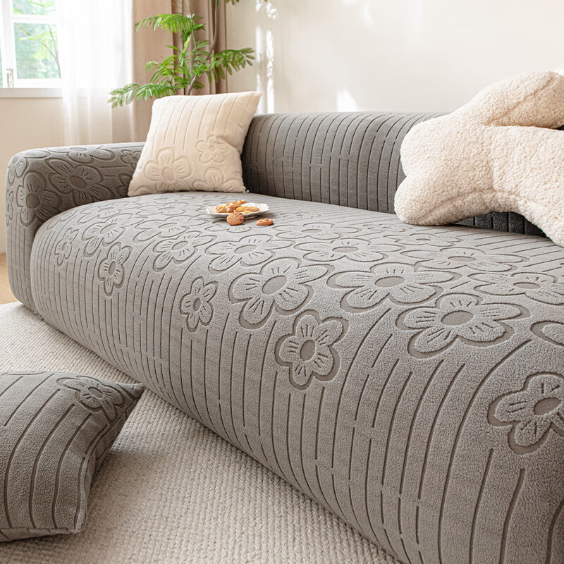 无印良品毛绒沙发套罩冬季加厚防滑沙发套轻奢高级感直排坐垫弹力全包套罩 花绣-深空灰【冬季毛绒 固定防滑】 五人位【适用长305-360cm】