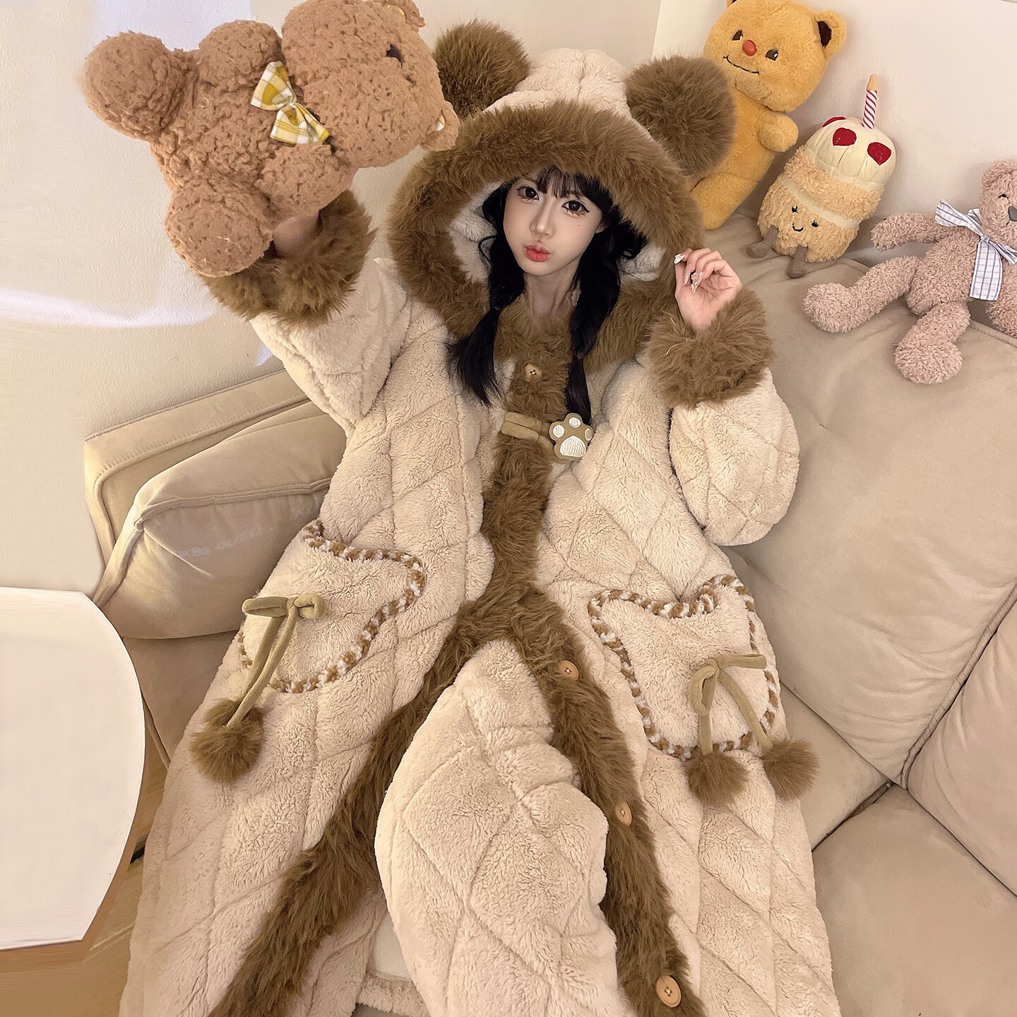 欧诗帛2025新款三层夹棉睡衣女士冬季睡袍加厚加绒保暖珊瑚绒家居服套装 86077女 【加绒加厚蓄热保暖】 L 建议体重100-120斤