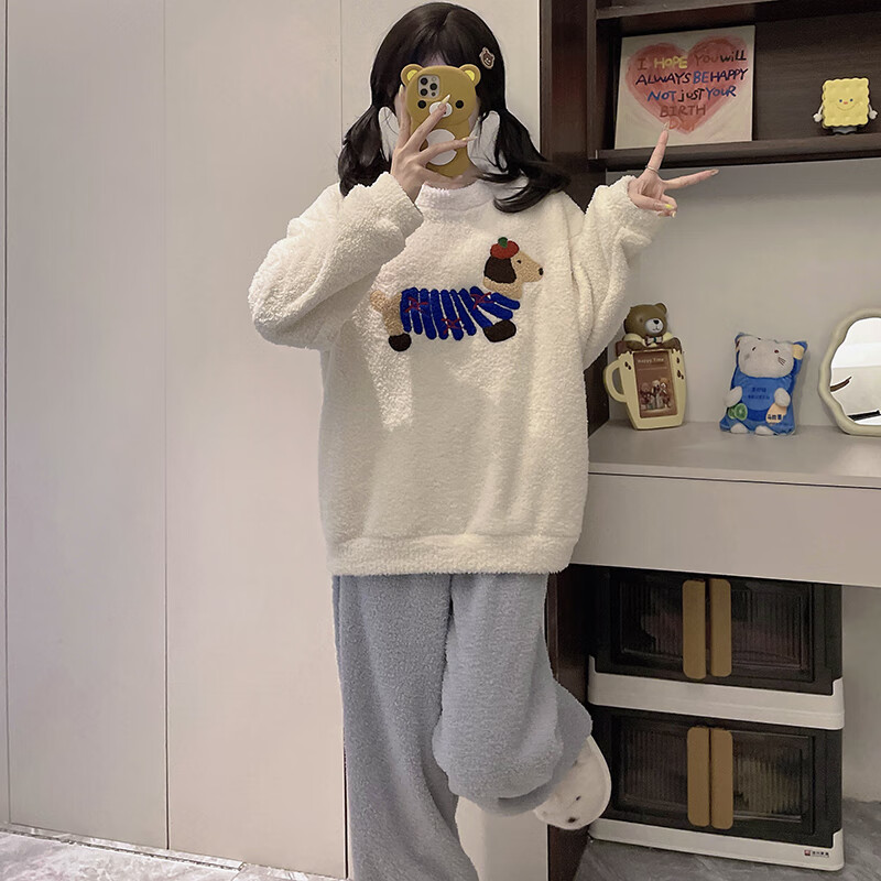都市丽人睡衣女士秋冬季2025新款加绒加厚家居服可爱半边绒睡衣套装可外穿 线条小狗 2XL （建议140-160斤）