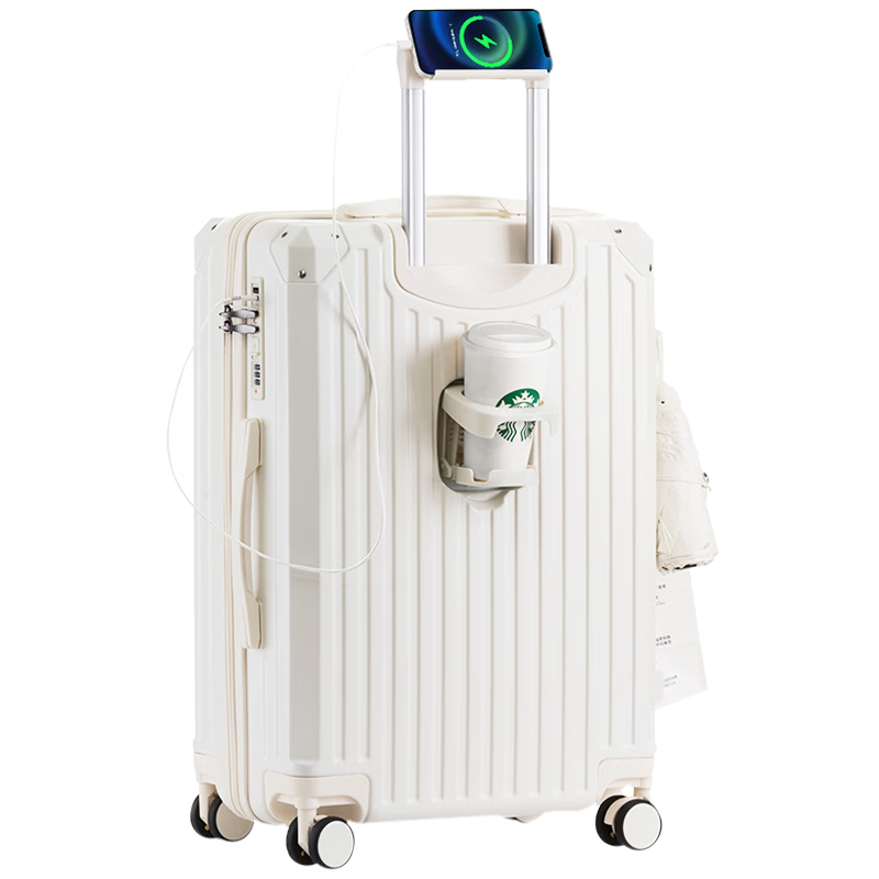 梵地亚带杯架手机支架USB充电行李箱男女拉杆箱旅行箱密码箱子白24英寸