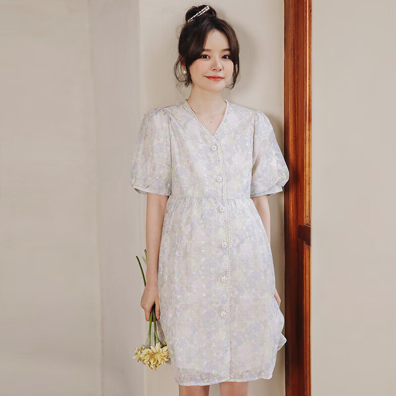 米度丽孕妇装夏装连衣裙夏季时尚碎花泡泡袖娃娃裙子夏款上衣夏天小个子 紫色牵牛花 M