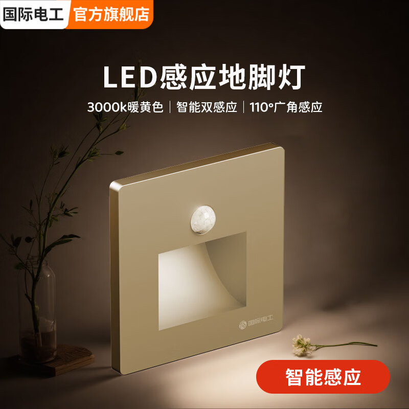国际电工智能感应隐藏插座电工86型地脚灯带led小夜灯床头照明超薄墙壁 金色人体感应地脚灯 暖光