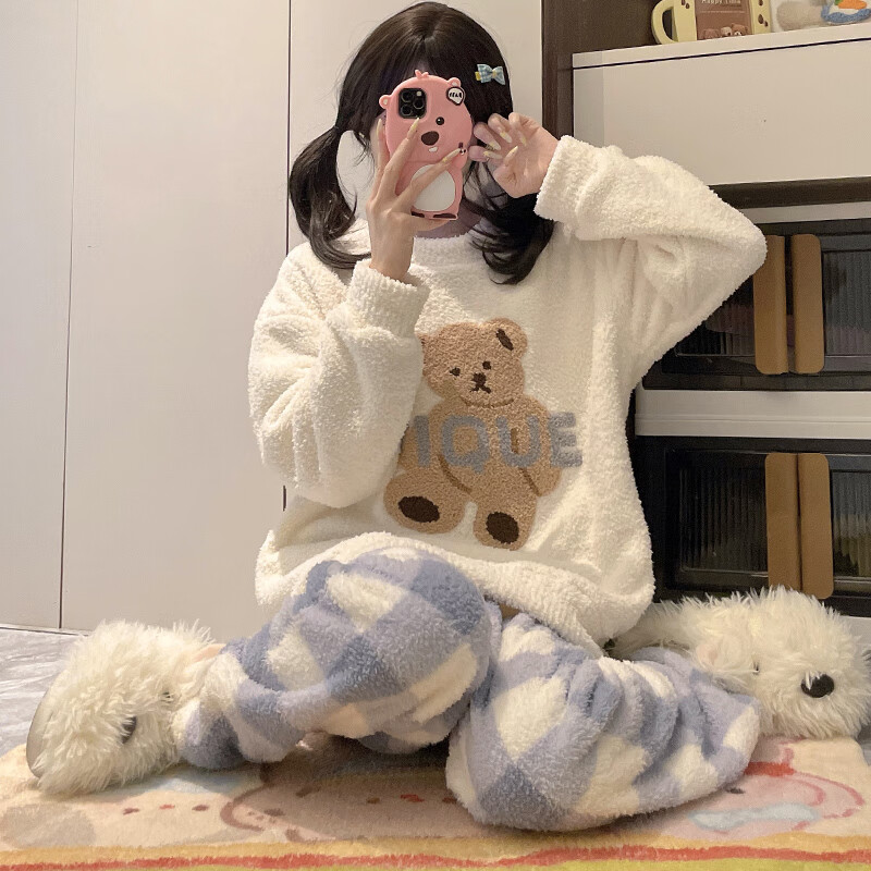 都市丽人半边绒女士睡衣女秋冬季2025新款加绒加厚家居服套装女睡衣可外穿 格子小熊 XL  （建议120-140斤）