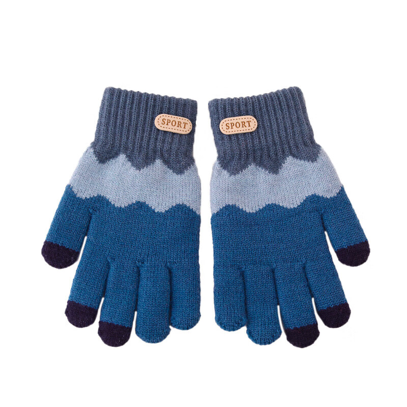 朋意儿童手套冬天加绒保暖男童五指分指毛绒宝宝秋冬季上学写字 儿童五指手套-蓝色-1双 无规格