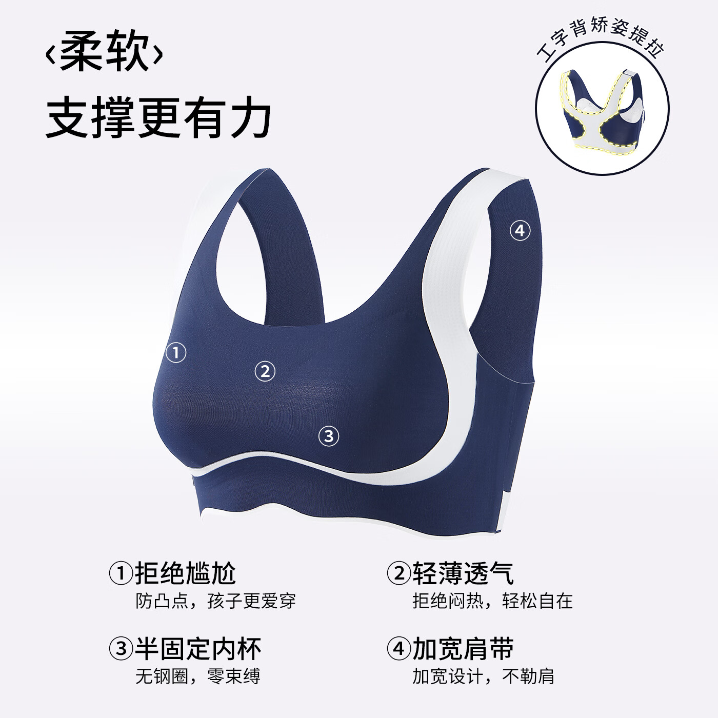 猫人内衣初高中生运动防震发育期舒适固定杯二阶段少女抗菌文胸 浅蓝色 玻尿酸+桑蚕丝+10A抑菌 165 XL 建议体重100-120斤